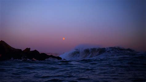 Download wallpaper 3840x2160 moon, rocks, sea, waves 4k uhd 16:9 hd ...