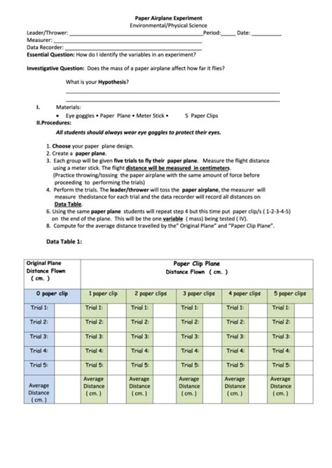 Paper Airplane Experiment Environmental/physical Science printable pdf ...