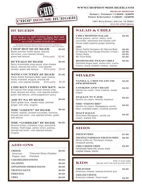 Chop House Burger Menu, Menu for Chop House Burger, Downtown, Dallas - Urbanspoon/Zomato