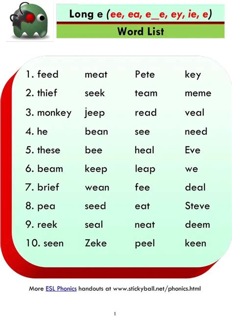 Long e - Word List and Sentences