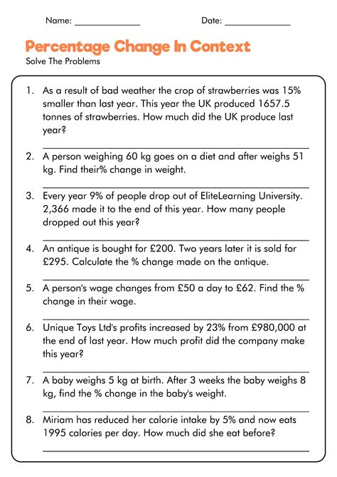 Percentage Change Worksheets