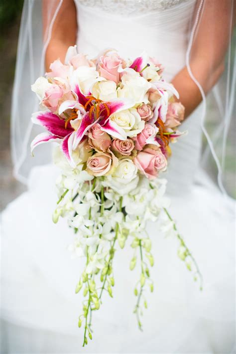 Pink Lily and Rose Cascading Bridal Bouquet