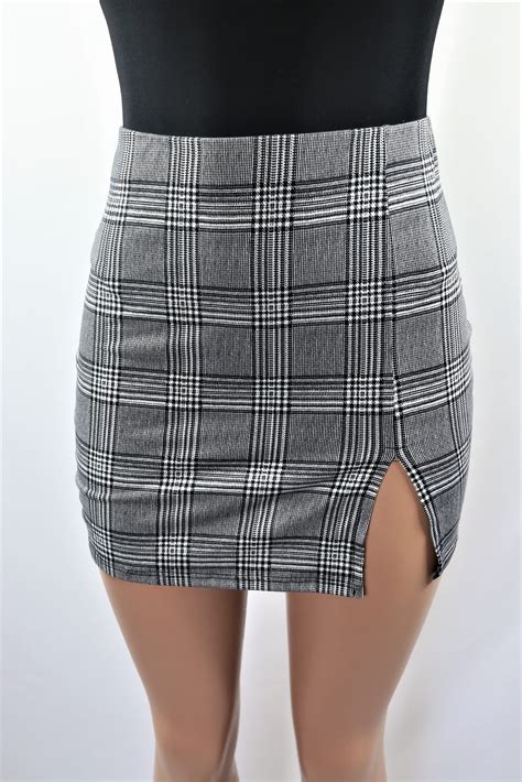 Monochrome Plaid Skirt - Black white plaid mini skirt with side slit.