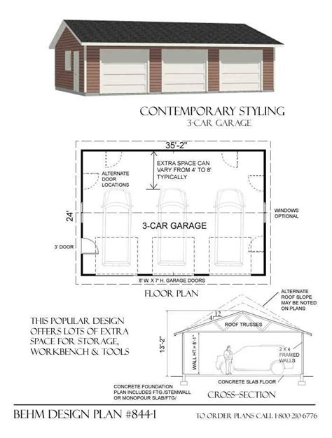 3 Car Basic Garage Plan 844-1 - 35'-2" x 24' | Garage design, Garage ...