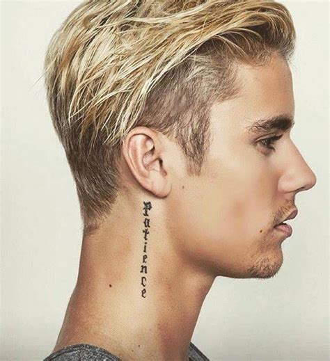 "Patience" tattoo on Justin Bieber's neck. | Ideas de corte de cabello, Pelo largo hombre ...