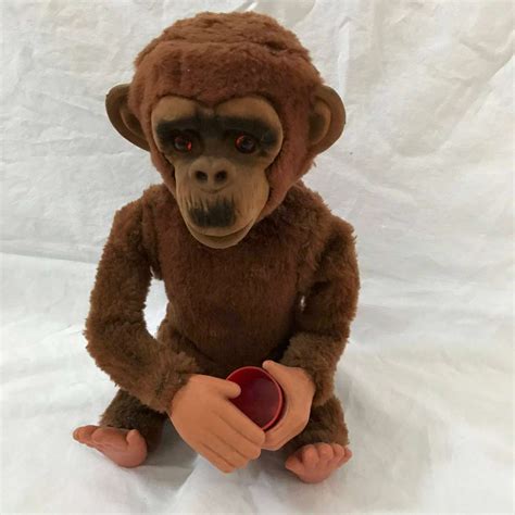 Monkey automated toy with cup battery operated Mid century Japan Fur animated toy collectible ...