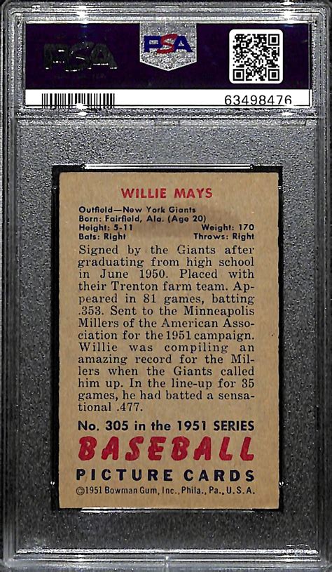 Lot Detail - 1951 Bowman Willie Mays Rookie Card #305 Graded PSA 4