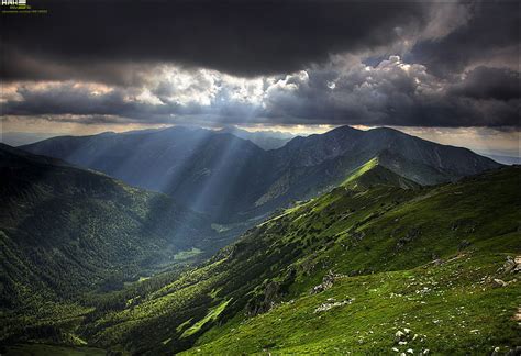 HD wallpaper: green mountain, mountains, sky, clouds, sunlight, horizon ...