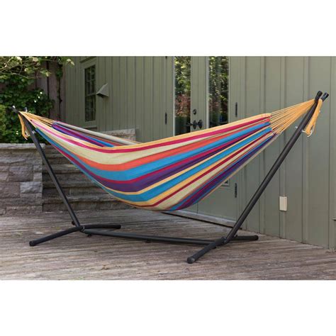 Vivere 9 ft. Double Cotton Hammock with Stand in Tropical UHSDO9-20 - The Home Depot