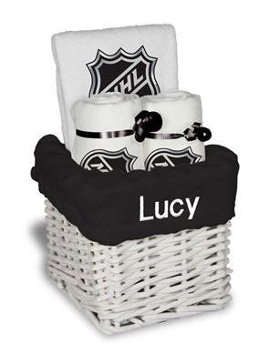 Our Personalized NHL Shield Small Gift Basket is a perfect hockey baby gift with 2 burp cloths ...