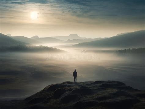 A Surreal Shot of a Silhouetted Figure Standing at the Edge of a Vast Misty Landscape Created ...