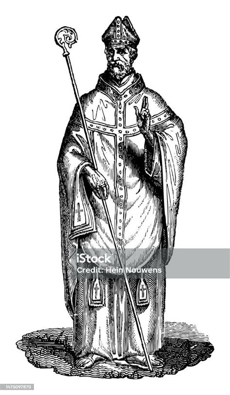 Medieval Abbot With Mitre And Crosier Vintage Engraved Illustration ...