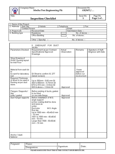 Duct Inspection Checklist | PDF | Duct (Flow) | Civil Engineering