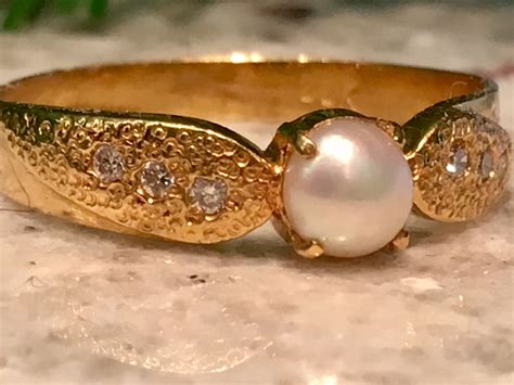 Vintage Pearl Engagement Ring 22k Gold Pearl Engagement Ring Cultured Pearl Ring Diamond Accents