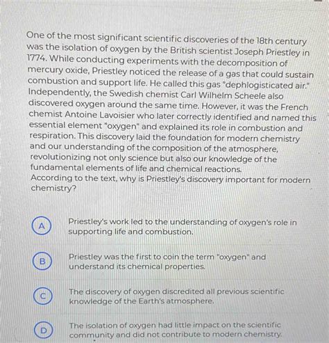 Solved: One of the most significant scientific discoveries of the 18th century was the isolation ...