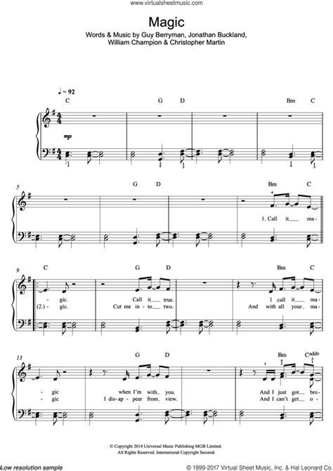 Magic, (easy) sheet music for piano solo (PDF-interactive)