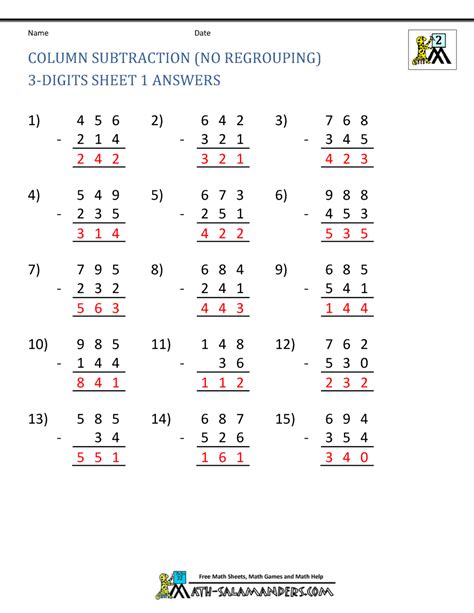 3 Digit Subtraction Worksheets