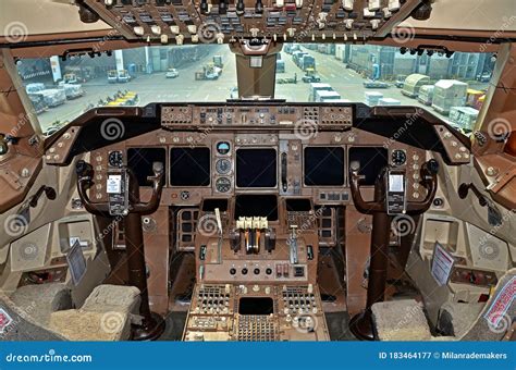 Cockpit Overview in a Large Passenger Airplane. KLM Cargo Boeing 747 ...