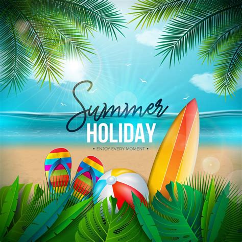 Vector Summer Holiday Illustration with Beach Ball, Palm Leaves, Surf Board and Typography ...