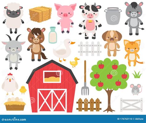 Cute Farm Animal Cartoon Set. Vector Illustration. Adorable Ranch Animals Clip Art. Livestock ...
