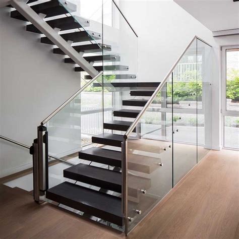 Hot Sell Steel Frameless Glass Railing Design Ladder Wood Tread Straight Indoor Staircase ...