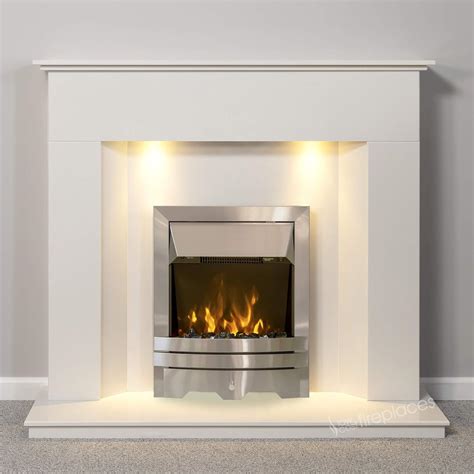 White Modern Marble Stone Fire Surround Electric Wall LED Fireplace Suite Silver Electric Moving ...