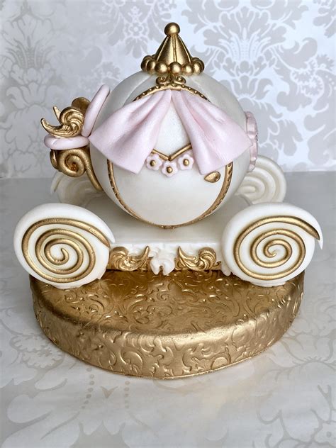 Cinderella Carriage Fondant Cake Topper. Pink and Gold Cinderella Carriage Cake Topper. Edible ...