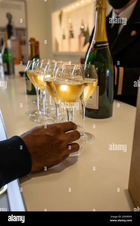 Tasting of brut champagne sparkling wine during visit of caves in ...