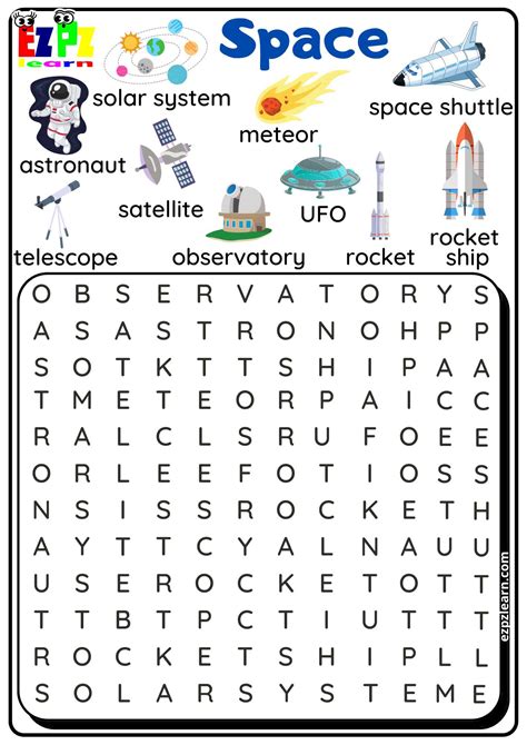 Space Word Search For Kids Free PDF Download - Ezpzlearn.com