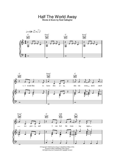 Half The World Away" Sheet Music by Oasis for Piano/Vocal/Chords ...