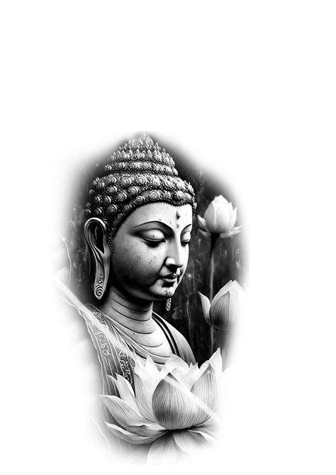 a black and white photo of a buddha statue with flowers in front of it's face