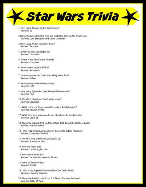 Star Wars Trivia Questions And Answers Printable - Printable Word Searches