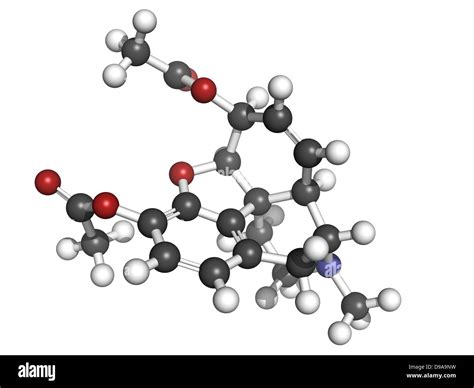 heroin (diacetylmorphine) narcotic drug, molecular model. Atoms are represented as spheres with ...