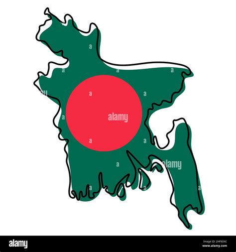 Stylized outline map of Bangladesh with national flag icon. Flag color ...