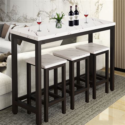 Counter Height Dining Set, 4 Pieces Extra Long Dining Table Set with 3 Stools, Kitchen Tables ...