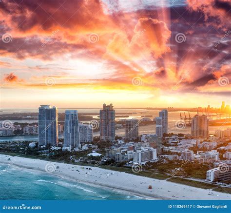 Miami Beach Aerial Skyline on a Beautiful Winter Sunset Stock Image ...