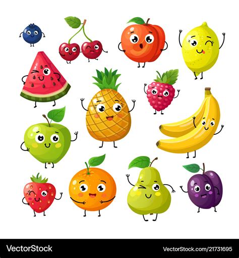 Cartoon funny fruits happy kiwi banana raspberry Vector Image