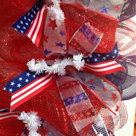 Patriotic Ribbon Wreath Red White and Blue Handmade Deco Mesh | Etsy