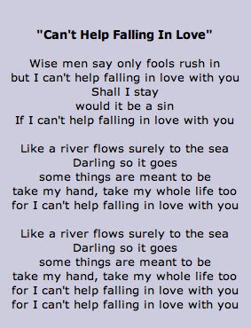 Lyrics to Can't Help Falling In Love- Elvis Presley - Lyrics go on back ...