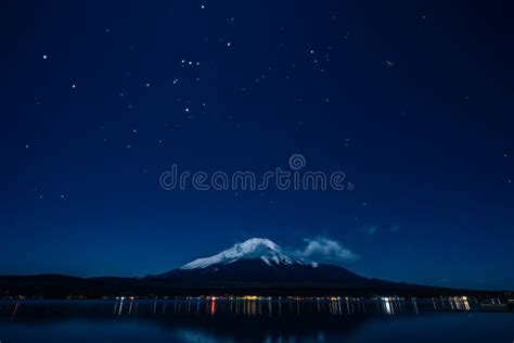 Nightview of Mount Fuji from Lake Yamanaka and Orion Stock Photo ...