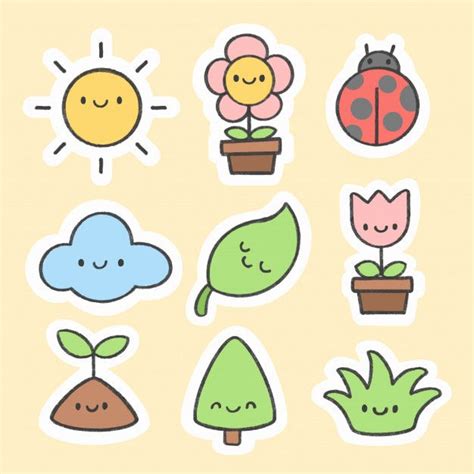 Premium Vector | Cute spring sticker hand drawn cartoon collection | Sticker tasarımı, Rozet ...