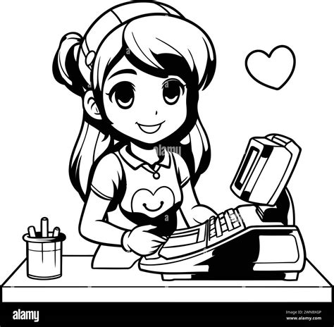 Girl with credit card and cash register. Black and white vector illustration Stock Vector Image ...