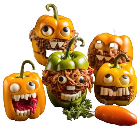 Halloween Party Food, Stuffed Peppers With Scary Faces, Cheese Witches Brooms, Monster ...