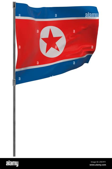 North Korea flag on pole. Waving banner isolated. National flag of ...