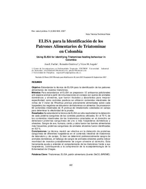 (PDF) Using ELISA for identifying Triatominae feeding behaviour in Colombia | Ana Elvira Farfan ...