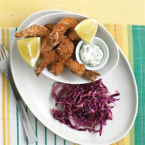 Crispy Shrimp with Tartar Sauce and Red-Cabbage Slaw