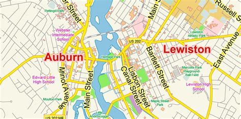 Auburn + Lewiston Maine US PDF Map Vector Exact City Plan Low Detailed Street Map editable Adobe ...