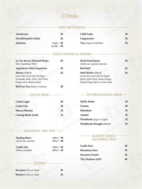 Menu at The Hussar Grill Stellenbosch steakhouse, Cape Town, Shop G3