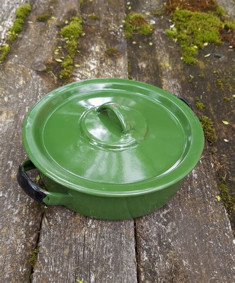 Vintage Green Enamel Bowl Pot With Lid Black Rim Rustic - Etsy