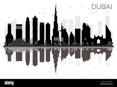 Dubai City skyline black and white silhouette with reflections. Vector illustration. Simple flat ...